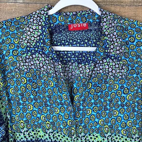 Josie Natori Button Down Short Sleeve Shirt Dress Blue Green Size Small - Picture 2 of 9